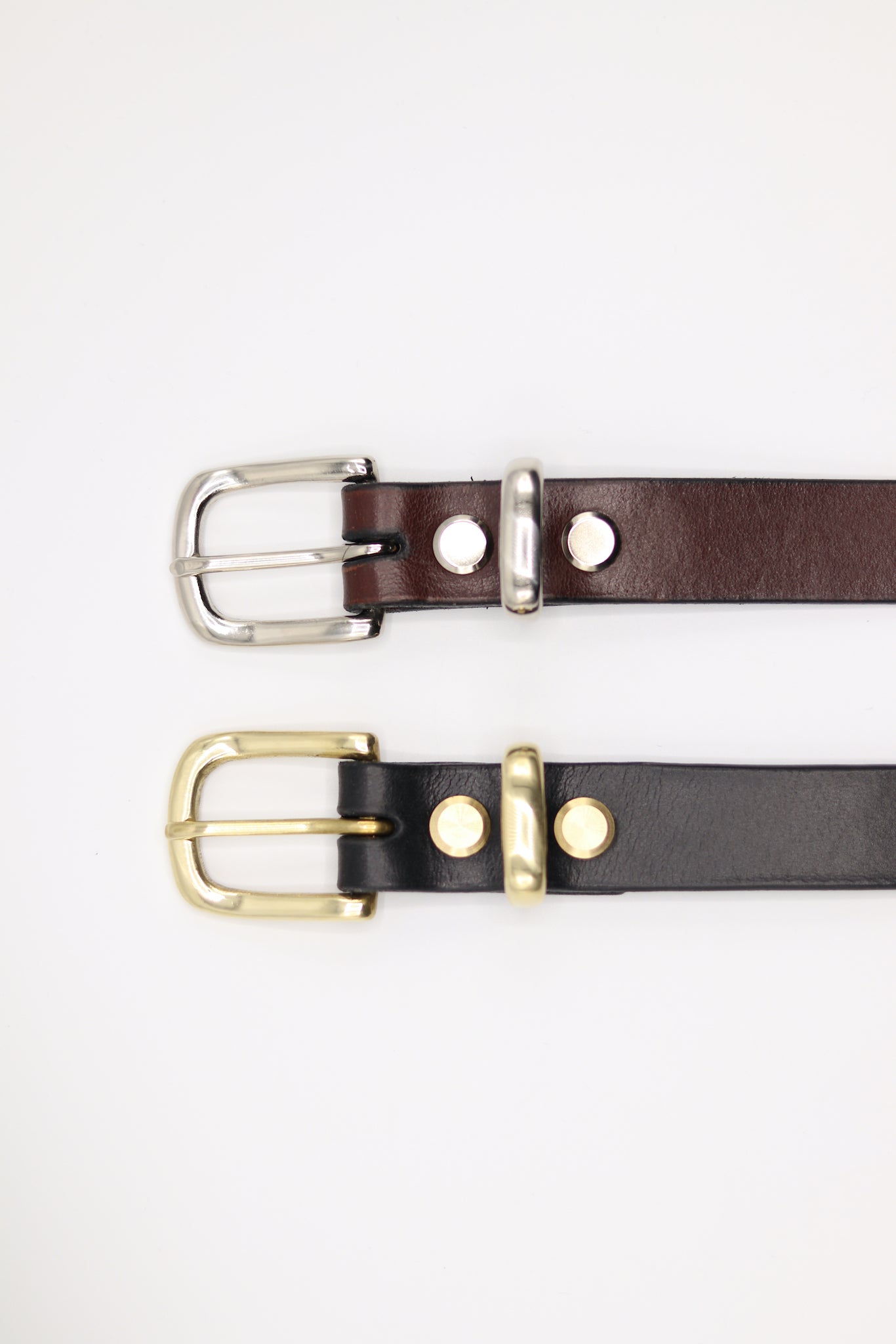 Black with Nickel and Brown with Solid Brass Hardware on Womens Brown English Bridle Leather Belt 25mm